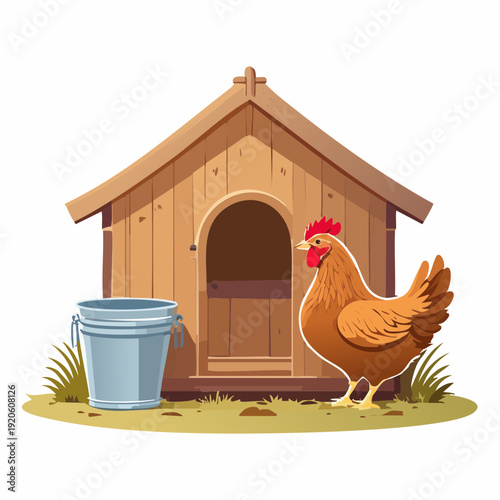 Cheerful cartoon hen by a rustic wooden chicken coop and bucket, a delightful farm life illustration depicting rural agriculture