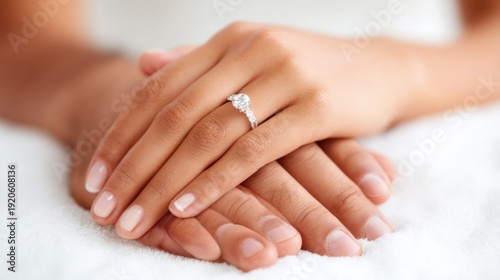 Wallpaper Mural Close-Up of Elegant Woman's Hand with Sparkling Engagement Ring Resting on Delicate White Fabric for Wedding or Romance Themed Photography Torontodigital.ca