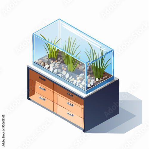 Aquarium with plants and stones on a wooden cabinet, isometric view