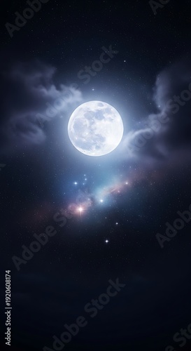 Full Moon Shining Through Cloudy Night Sky.