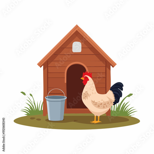 Rural Charm Proud Rooster Next to a Rustic Wooden Chicken Coop with Bucket on Grass