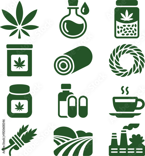 Cannabis fill icon collection. Includes marijuana, weed, pot, leaf, joint, vape, pills, coffee, factory. Created in colored style with green palette