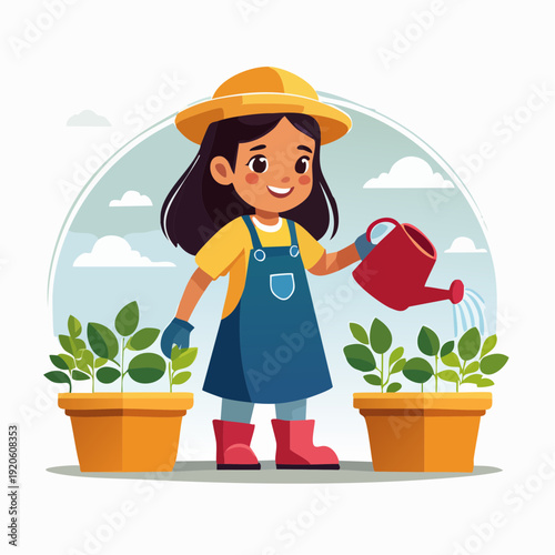 Young girl happily watering potted plants, illustrating childhood gardening, nurturing growth, and love for nature