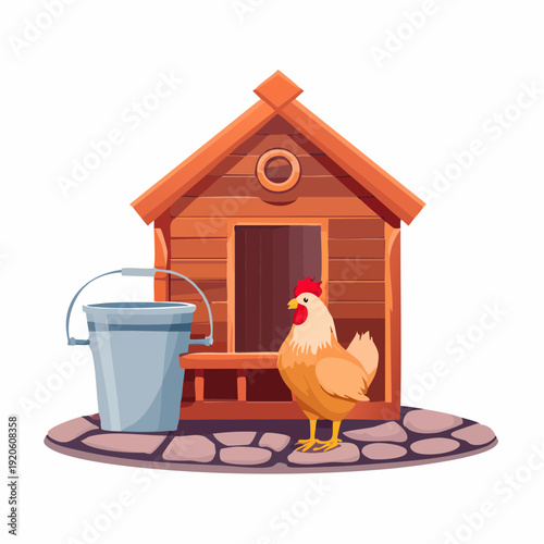 Chicken Coop and Bucket Illustration on Paved Ground