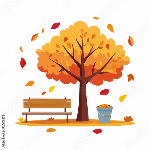 Idyllic Autumn Park Scene with a Majestic Golden Tree, Cozy Wooden Bench, and Colorful Falling Leaves Illustration