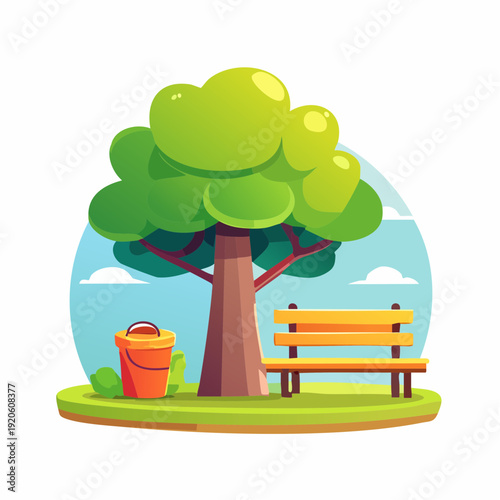 Serene park scene with a large tree, a vibrant bench, and a trash bin under a cloudy sky