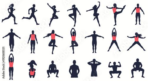 Collection of Silhouettes Representing Various Fitness Activities and Poses.