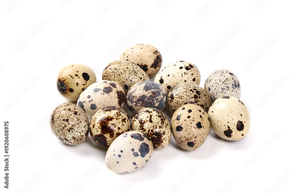 Obraz premium Fresh Raw Quail Eggs Rich in Protein - Delicious Farm Fresh Speckled Eggs on White Background