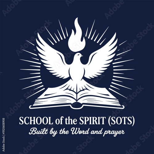 White dove on open book with flame and sunburst lines on dark blue background