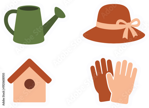 Gardening and Outdoor Hobby Icon Set. Watering Can, Birdhouse, Hat, and Protective Gloves. Vector Illustration
