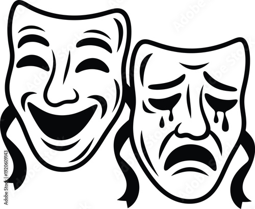 Theatrical comedy and tragedy masks side by side