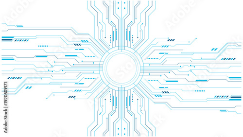 Futuristic digital circuit board pattern with glowing blue lines radiating from a central hub transparent background