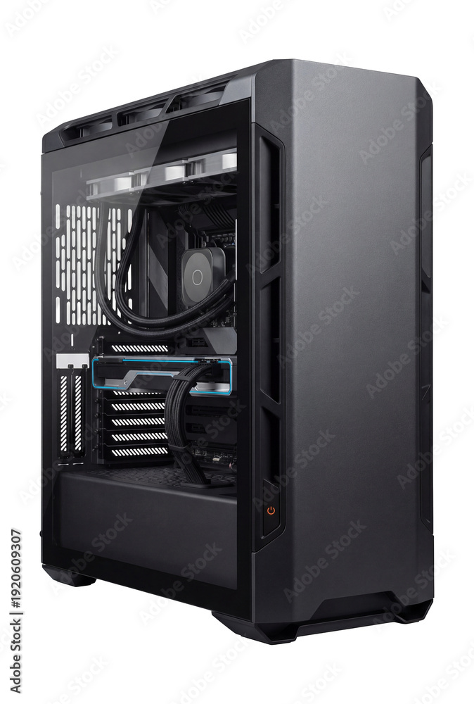 Obraz premium High-end gaming desktop with reinforced GPU bracket and liquid cooling support.