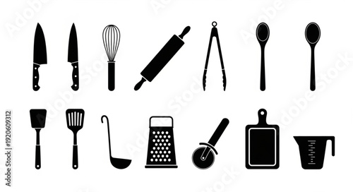 Collection of Kitchen Utensils and Cooking Tools Silhouettes.