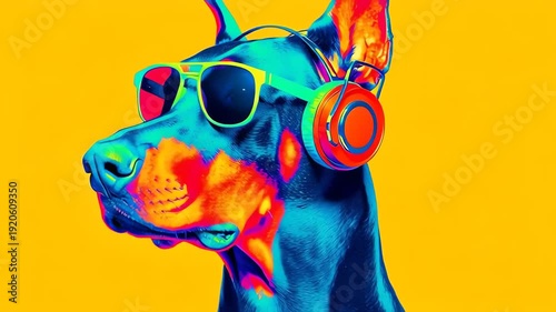 Cool Doberman dog wearing vibrant sunglasses and headphones