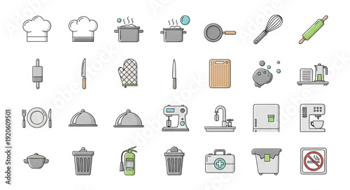 Collection of kitchen utensils and cooking equipment icons.