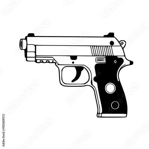 Semi-Automatic Handgun Pistol Vector Illustration - Black and White Line Art