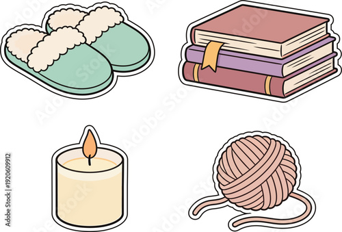 Cozy home lifestyle stickers. books, candle, slippers, knitting yarn. vector illustration