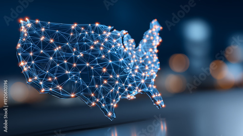 Connected United States map made of linked nodes illustrating nationwide digital network and data infrastructure concept.
