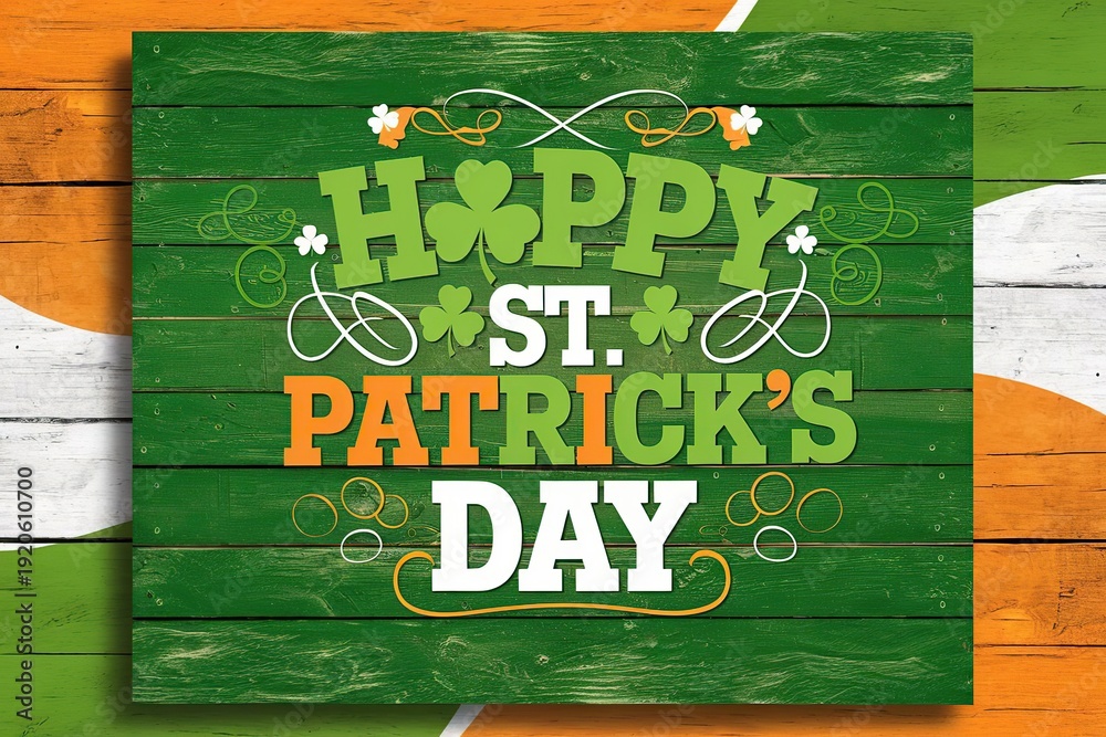 Obraz premium Happy St. Patrick's Day greeting card on a rustic green wooden background