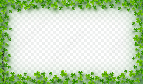 Shamrock leaves frame isolated on transparent background. Green irish symbol Good Luck. Vector clover border for Saint Patrick's Day holiday greeting card design
