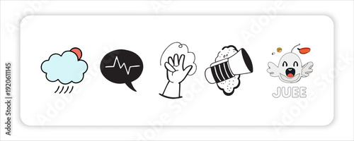 Set of hand drawn elements doodle comics isolated on white background. Speech bubbles with the words bom, boom, pow, poof, omg, crush