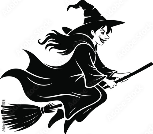 A black and white image of a witch flying on a broomstick