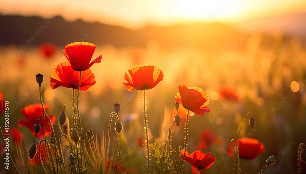 Obraz premium Poppy field glows orange in sunset light, flowers up close against a distant hill