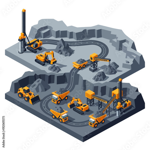 Isometric Mining Equipment on Quarry Layers.