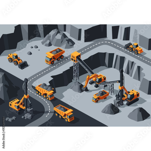 Mining Operation with Heavy Machinery Vehicles.