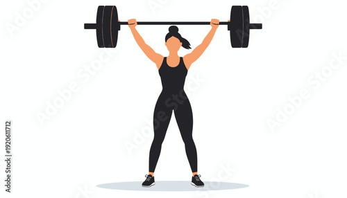 Woman lifting heavy barbell overhead in athletic pose.