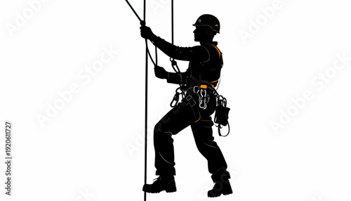 Silhouette of a climber ascending a rope with safety gear.