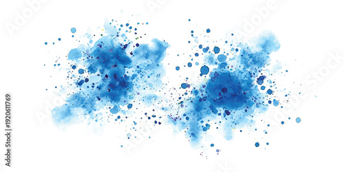Abstract blue watercolor splash and splatter texture on a white background creating an artistic design