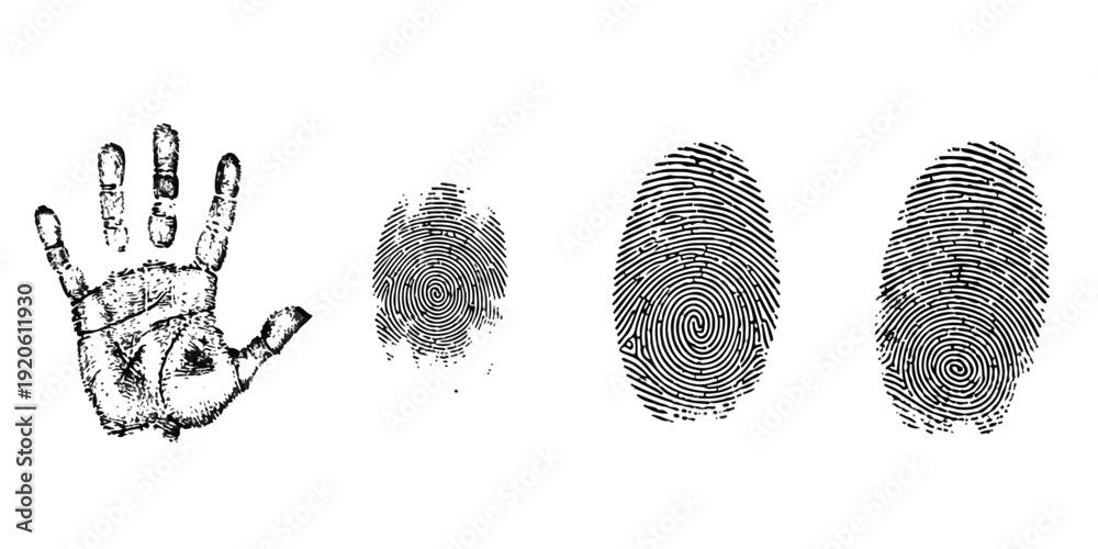 Ταπετσαρία A black and white image illustrating different types of identification prints, including a handprint and several individual fingerprints