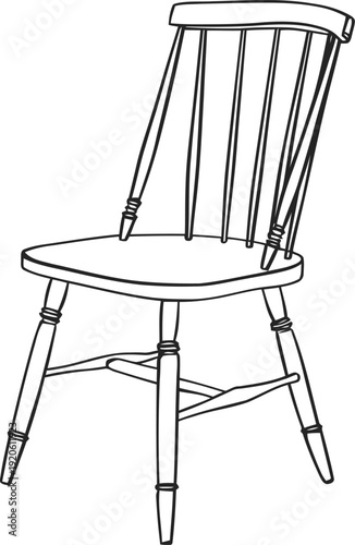 A black and white line drawing of a wooden chair with a slatted back