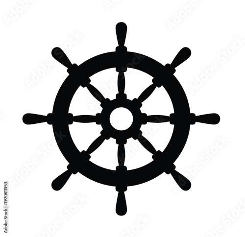 Nautical ship helm, silhouette vector illustration for maritime logos, sailing branding, and ocean design projects.