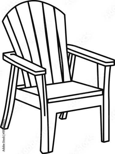 A black and white line drawing of a wooden adirondack chair with armrests