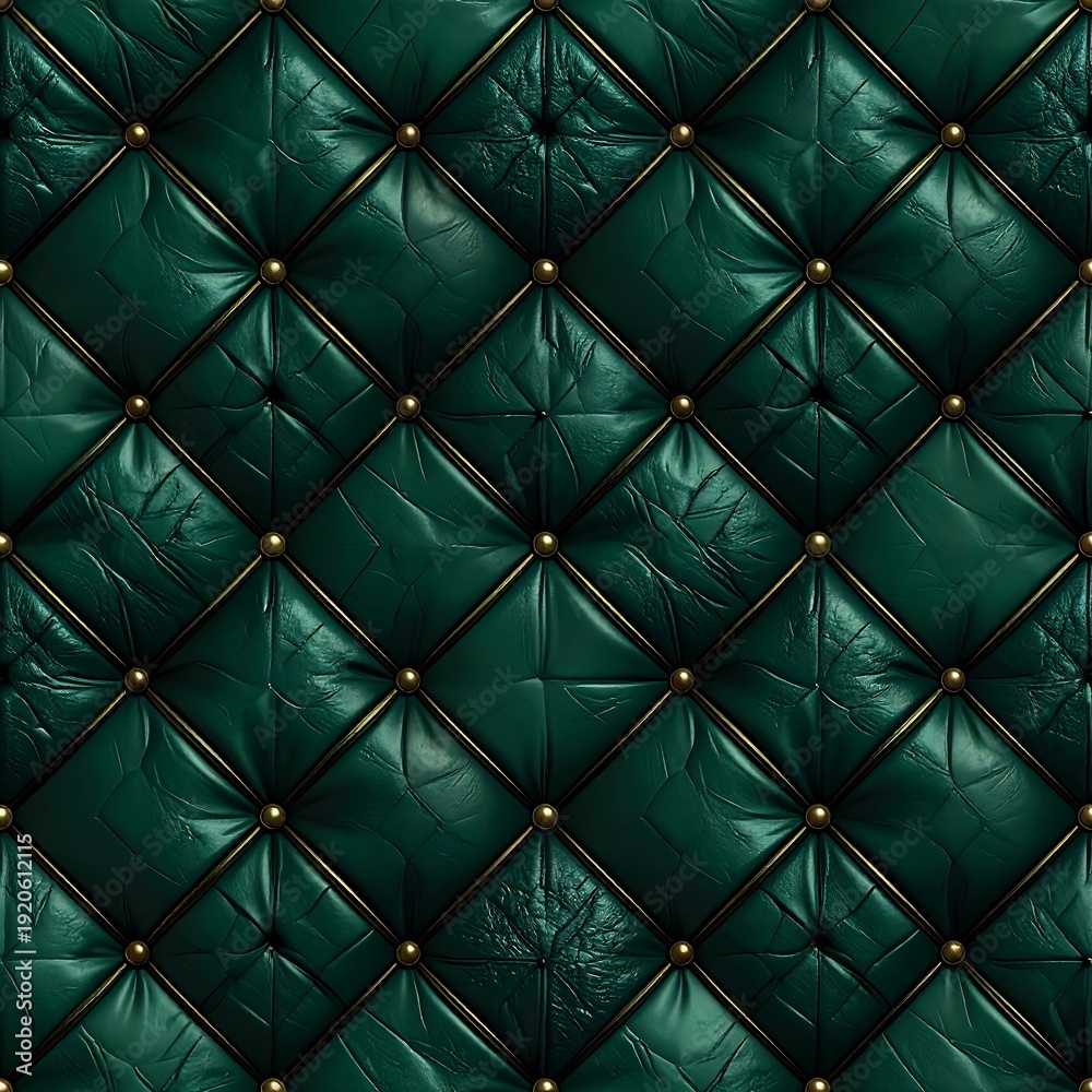 Fototapeta premium Emerald green leather, diamond-patterned upholstery with gold studs