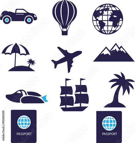 Travel and Vacation Icon Set: Transportation, Destinations, and Global Adventure Symbols