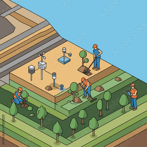 Construction Site with Workers and Trees.