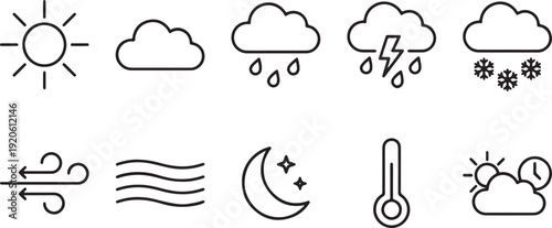 Weather forecast icons set with sun cloud rain snow wind thermometer vector illustration flat design