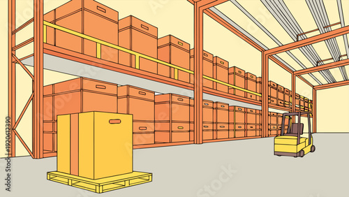 Autonomous guided vehicle navigating warehouse aisles, handling cargo in smart logistics and industrial transport system.