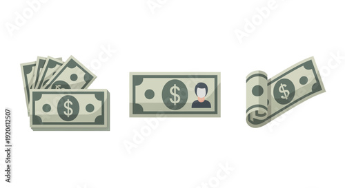 Dollar bills and banknotes illustration set.