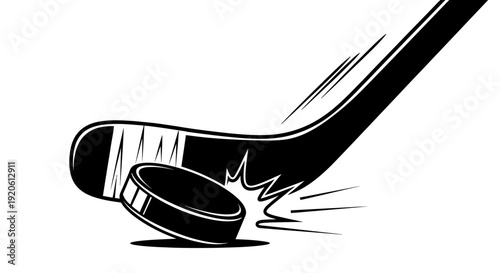 Hockey stick hitting puck black and white graphic isolated on white