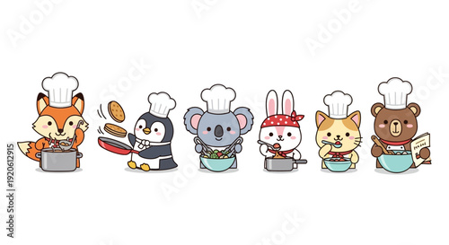 Cartoon animals cooking fox penguin koala rabbit cat bear chefs
