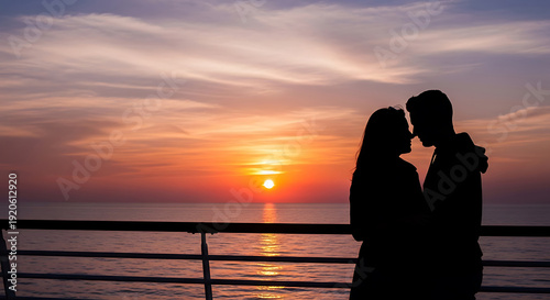 Silhouettes of couple hugging on cruise ship deck watching beautiful ocean sunset horizon