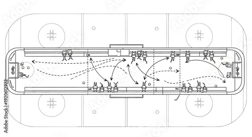 Overhead view of a hockey rink with players and game strategy plan