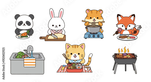 Cartoon animals preparing and enjoying food with various cooking utensils
