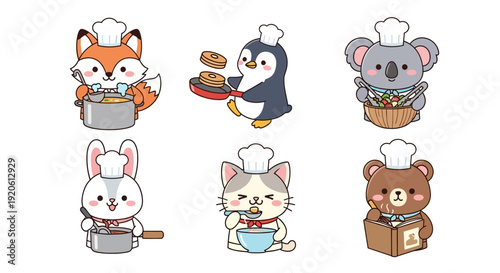 Cartoon animals cooking various dishes on white background
