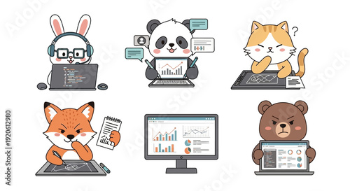 Cartoon animals using computers and analyzing data for business and design